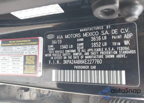 2019 Kia Rio Lx z USA, uszkodzony, nr VIN 3KPA24AB6KE227760